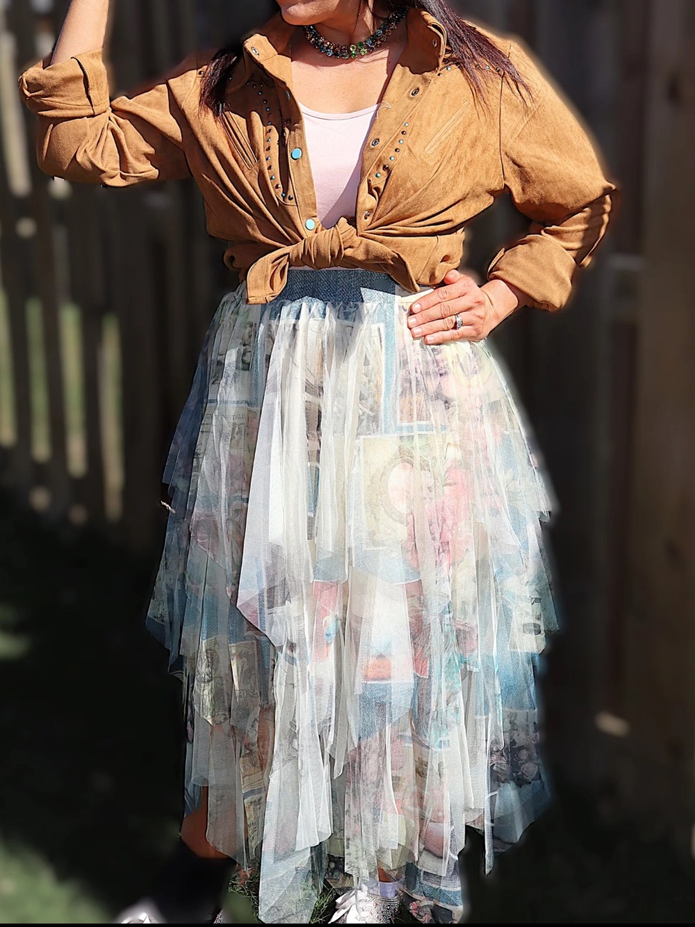 Origami Sheer Layered Tulle Skirt with Floral Vintage Graphic Print Panels NWOT